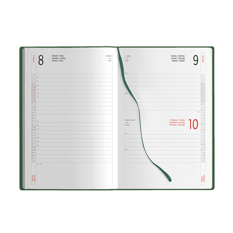 Agenda diária em poliuretano com elástico de fecho, 14,5×21 cm, encadernação com corte colorido, pronta para personalização