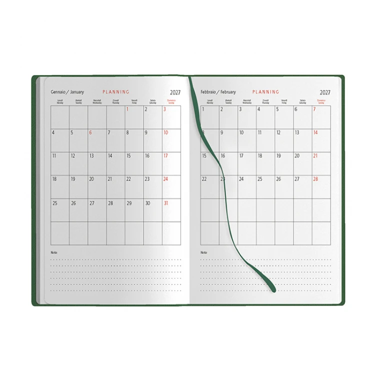 Agenda diária em poliuretano com elástico de fecho, 14,5×21 cm, encadernação com corte colorido, pronta para personalização