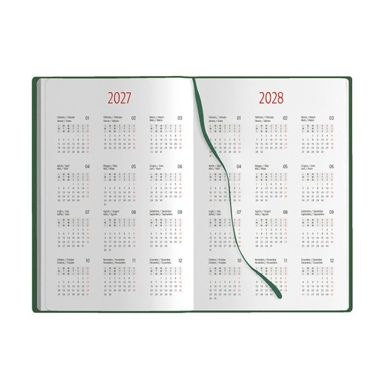 Agenda diária em poliuretano com elástico de fecho, 14,5×21 cm, encadernação com corte colorido, pronta para personalização