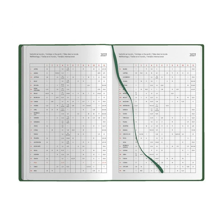 Agenda diária em poliuretano com elástico de fecho, 14,5×21 cm, encadernação com corte colorido, pronta para personalização