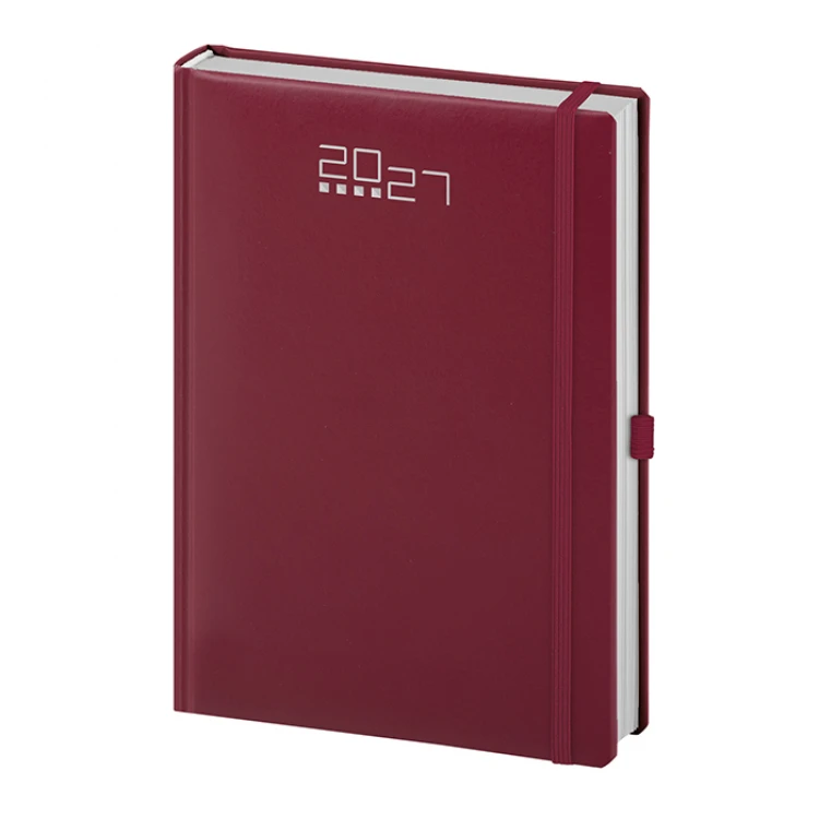 Agenda giornaliera chiusa con elastico nero e portapenne integrato, pronta per la personalizzazione