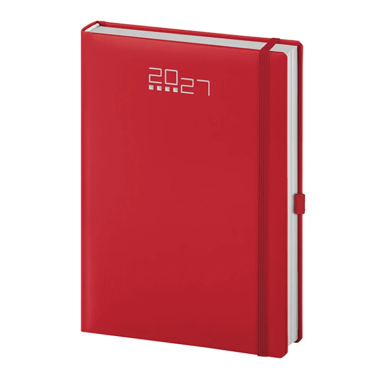 Agenda giornaliera chiusa con elastico nero e portapenne integrato, pronta per la personalizzazione