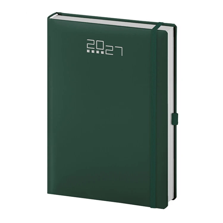 Agenda giornaliera chiusa con elastico nero e portapenne integrato, pronta per la personalizzazione