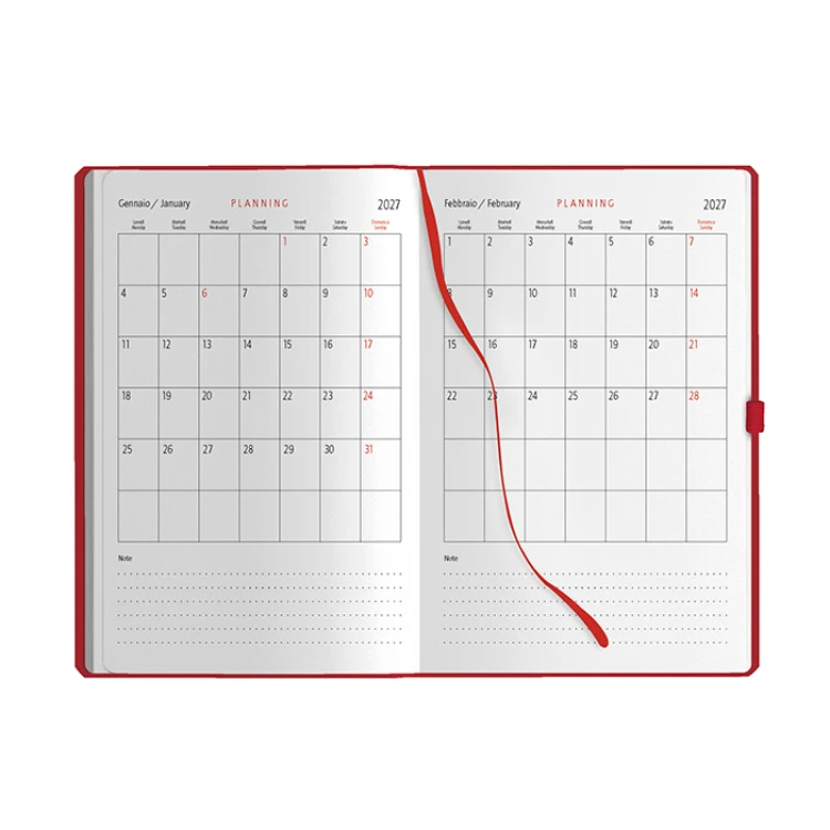 Agenda giornaliera chiusa con elastico nero e portapenne integrato, pronta per la personalizzazione