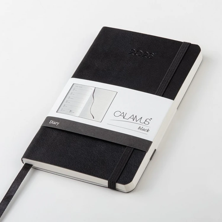 Agenda parure Calamus Black settimanale in poliuretano con penna touch da personalizzare con logo