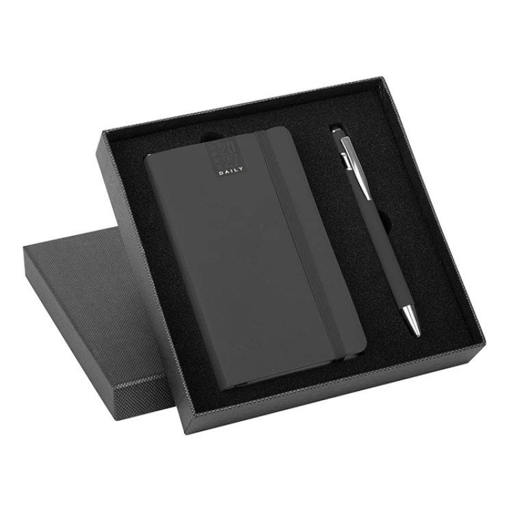 Agenda parure Flex Daily giornaliera in carta bianca con penna in metallo, formato chiuso 9x14 cm