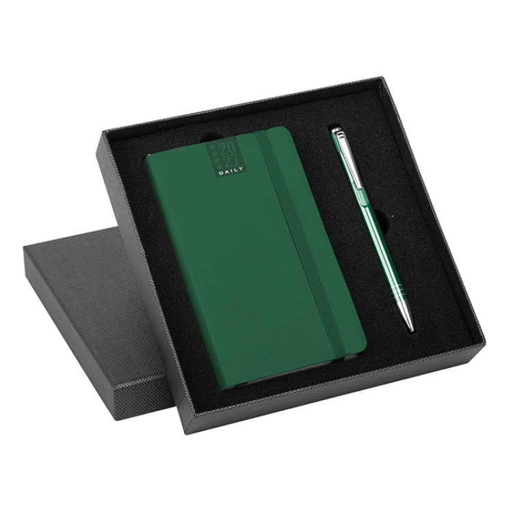 Agenda parure Flex Daily giornaliera in carta bianca con penna in metallo, formato chiuso 9x14 cm