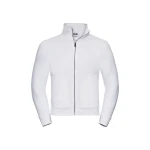 Sudadera con cierre cubierto YKK en metal color melange, mostrando cuello alto y cinta de refuerzo Herringbone, personalizable con logo