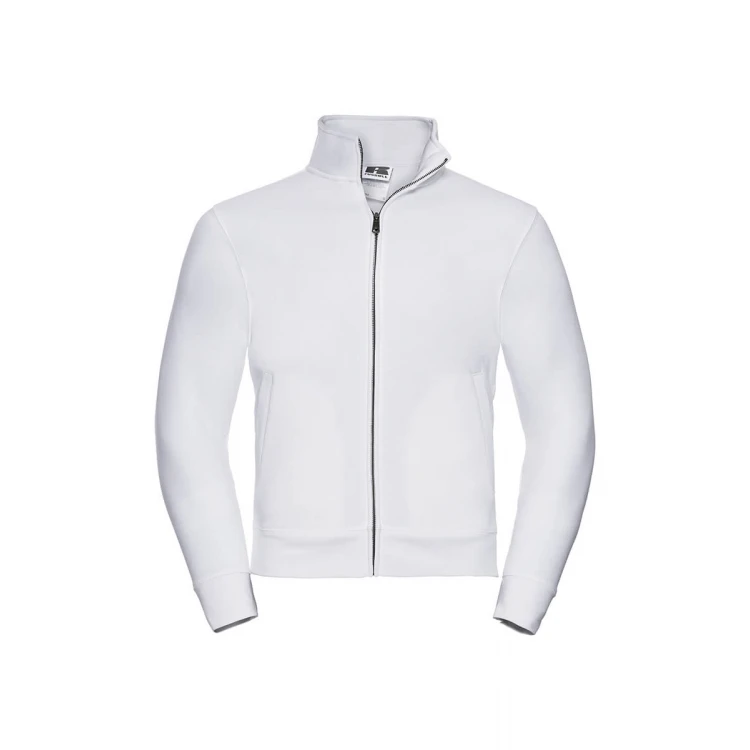 Sudadera con cierre cubierto YKK en metal color melange, mostrando cuello alto y cinta de refuerzo Herringbone, personalizable con logo