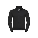 Sudadera con cierre cubierto YKK en metal color melange, mostrando cuello alto y cinta de refuerzo Herringbone, personalizable con logo