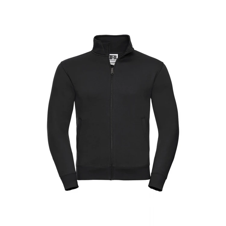 Sudadera con cierre cubierto YKK en metal color melange, mostrando cuello alto y cinta de refuerzo Herringbone, personalizable con logo