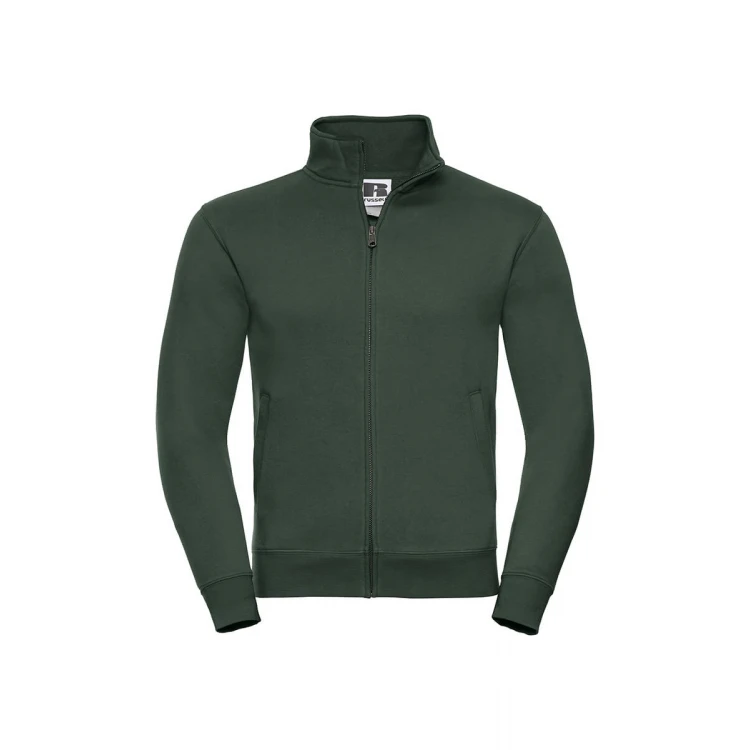 Sudadera con cierre cubierto YKK en metal color melange, mostrando cuello alto y cinta de refuerzo Herringbone, personalizable con logo