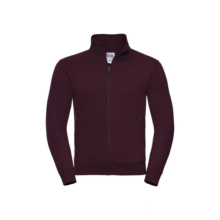 Sudadera con cierre cubierto YKK en metal color melange, mostrando cuello alto y cinta de refuerzo Herringbone, personalizable con logo