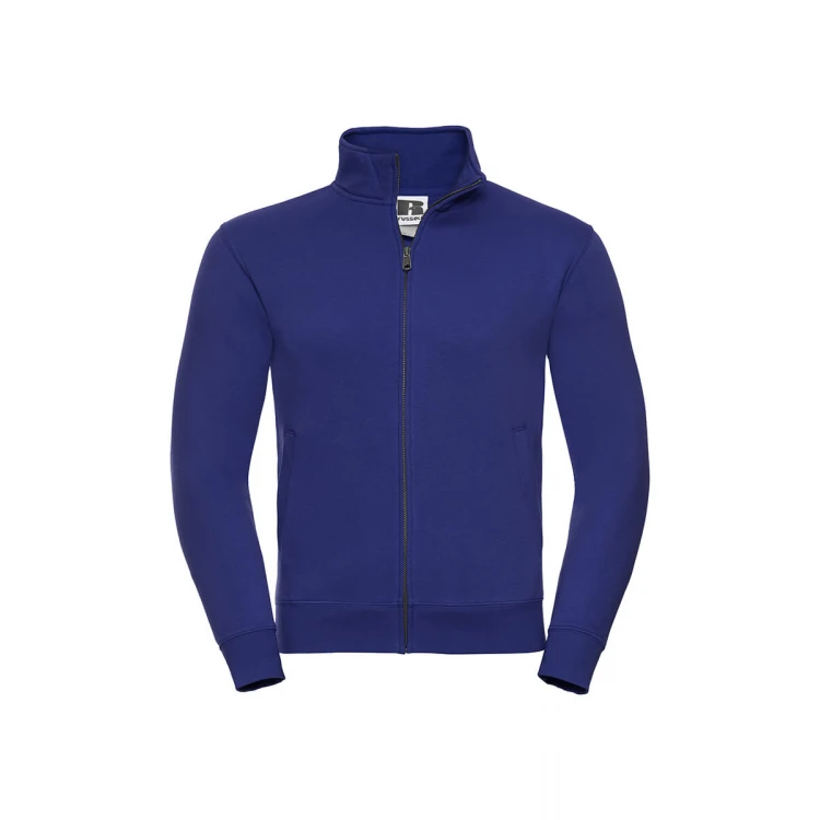 Sudadera con cierre cubierto YKK en metal color melange, mostrando cuello alto y cinta de refuerzo Herringbone, personalizable con logo