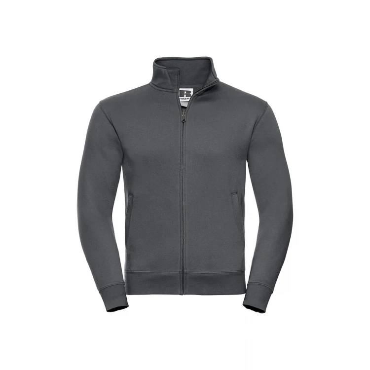 Sudadera con cierre cubierto YKK en metal color melange, mostrando cuello alto y cinta de refuerzo Herringbone, personalizable con logo