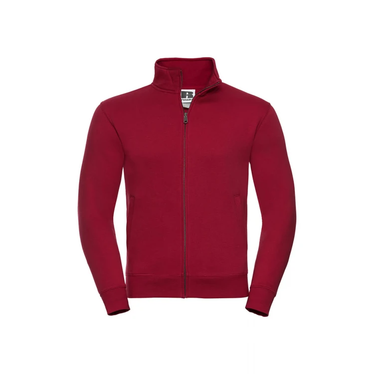 Sudadera con cierre cubierto YKK en metal color melange, mostrando cuello alto y cinta de refuerzo Herringbone, personalizable con logo