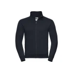Sudadera con cierre cubierto YKK en metal color melange, mostrando cuello alto y cinta de refuerzo Herringbone, personalizable con logo