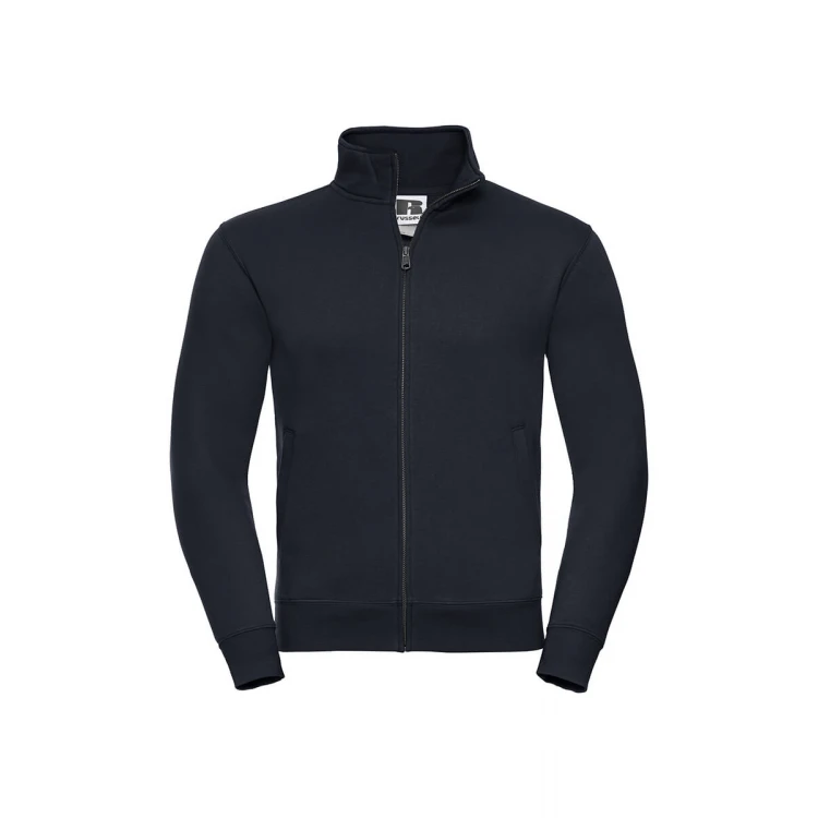 Sudadera con cierre cubierto YKK en metal color melange, mostrando cuello alto y cinta de refuerzo Herringbone, personalizable con logo