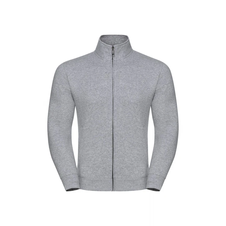 Sudadera con cierre cubierto YKK en metal color melange, mostrando cuello alto y cinta de refuerzo Herringbone, personalizable con logo