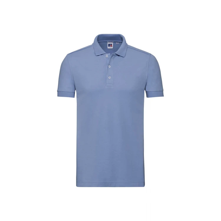 Polo RUSSELL Stretch con cuello y botones, vista frontal, disponible para personalizar con logotipo empresarial