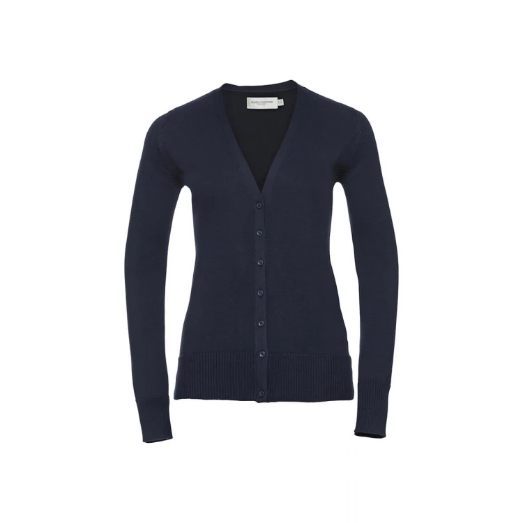 Cárdigan mujer RUSSELL cuello en V en algodón acrílico, vista frontal, tallas XS a XXL personalizable con logo