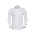 Camisa hombre RUSSELL Popeline LS en algodón con cuello italiano rígido, bolsillo delantero y mangas largas, lista para personalizar con logo