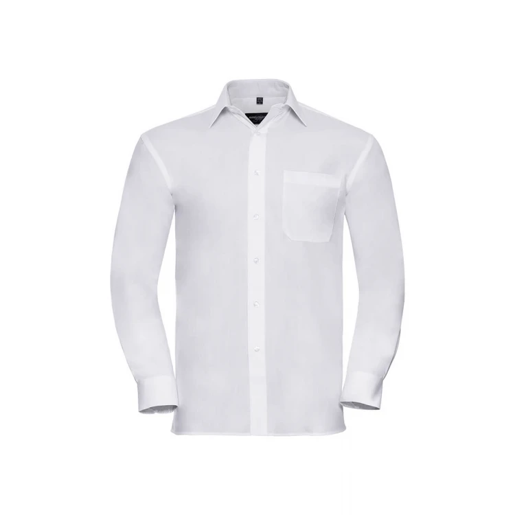Camisa hombre RUSSELL Popeline LS en algodón con cuello italiano rígido, bolsillo delantero y mangas largas, lista para personalizar con logo