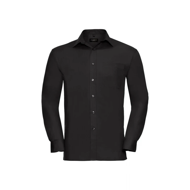 Camisa hombre RUSSELL Popeline LS en algodón con cuello italiano rígido, bolsillo delantero y mangas largas, lista para personalizar con logo