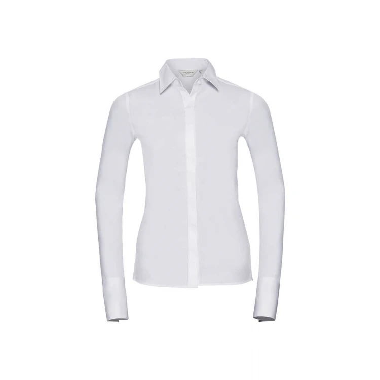 Camisa mujer RUSSELL Stretch LS en algodón y elastano, tallas XS-4XL, disponible para personalización con logo