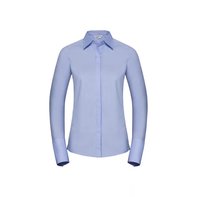 Camisa mujer RUSSELL Stretch LS en algodón y elastano, tallas XS-4XL, disponible para personalización con logo