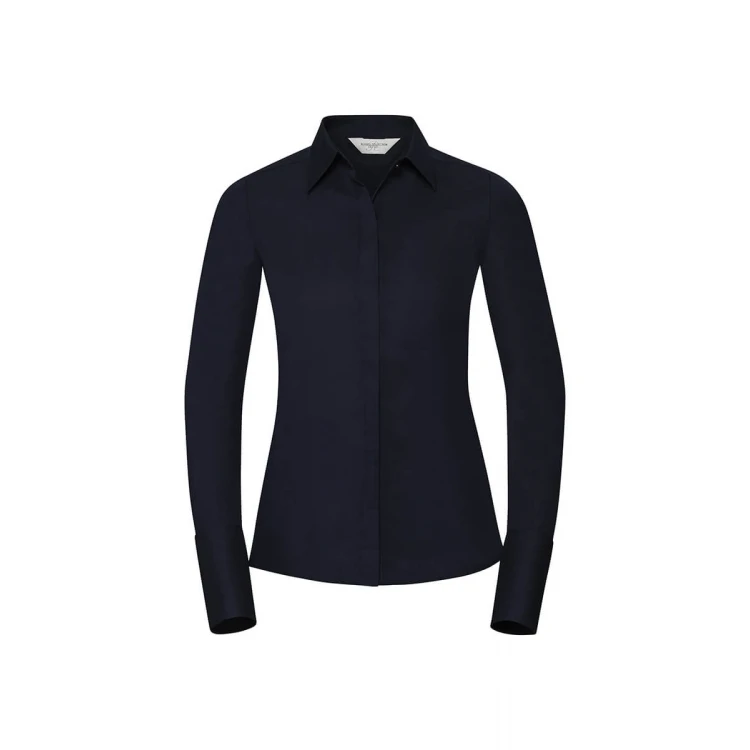 Camisa mujer RUSSELL Stretch LS en algodón y elastano, tallas XS-4XL, disponible para personalización con logo