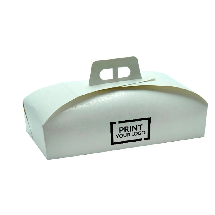 Scatola portatronchetto bianca con finitura spatolata e maniglia, ideale per trasportare e conservare tronchetti e dolci simili.