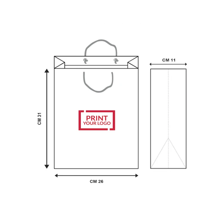 Shopper lusso in carta patinata bianca 190 gr., plastificazione lucida, maniglie in cotone, dimensioni 26+11x31 cm
