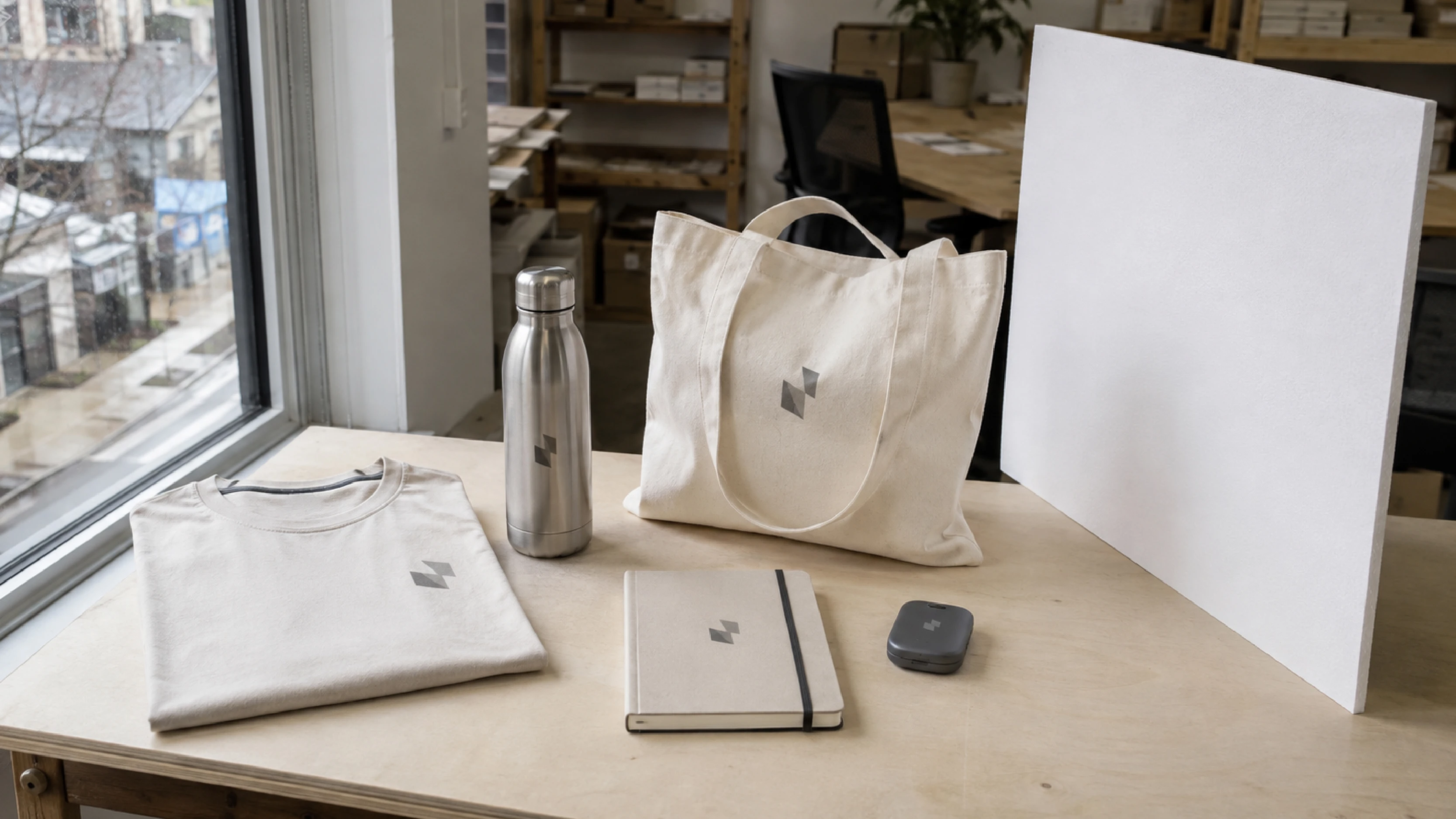 Postazione con luce naturale diffusa per fotografare gadget personalizzati, t-shirt, shopper e borracce per social e contenuti aziendali