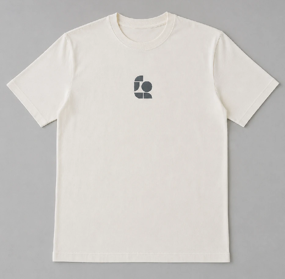 T-shirt personalizzata fotografata stesa in piano con logo visibile, tessuto senza pieghe e cuciture allineate per foto prodotto aziendali