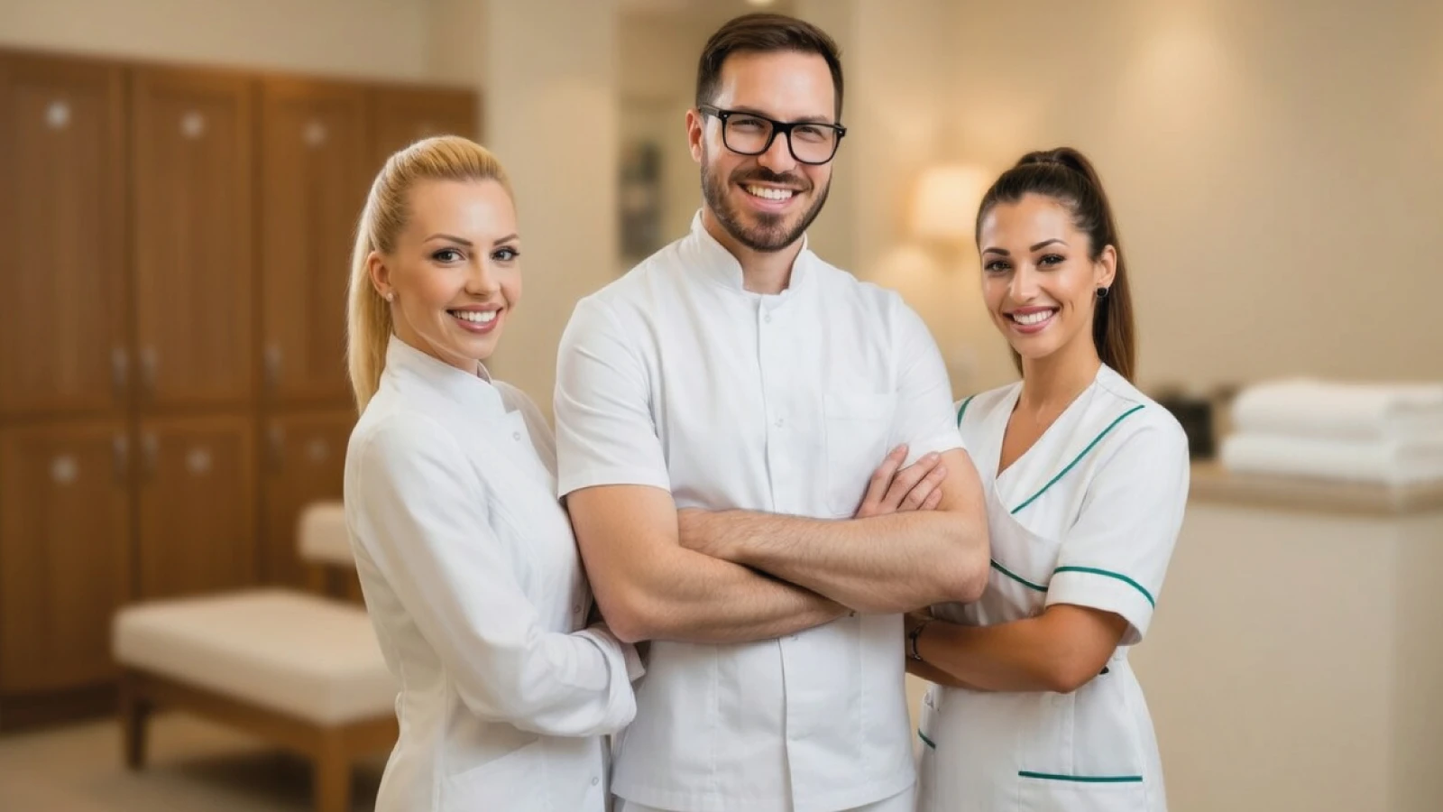 Staff aziendale coordinato in reception con camicie personalizzate, esempio di abbigliamento aziendale coerente con il brand