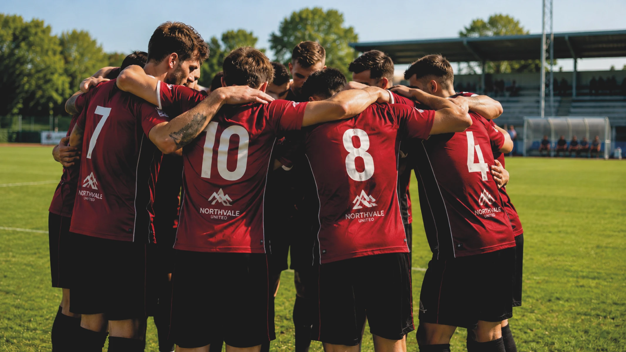 Equipa de futebol em círculo com camisolas desportivas personalizadas grená, números e logótipo de patrocinador, roupa desportiva para equipas em Portugal