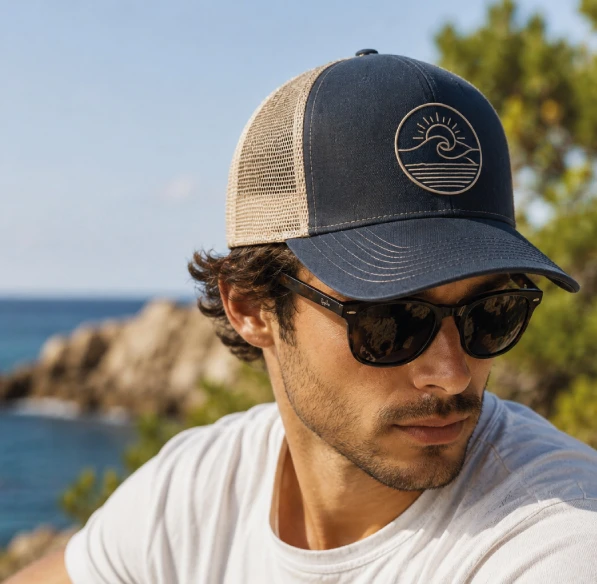 Boné trucker personalizado com logótipo e parte traseira em rede respirável para eventos de verão em Portugal