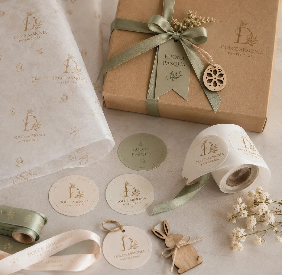 carta velina, bollini adesivi e nastri per packaging festività personalizzato