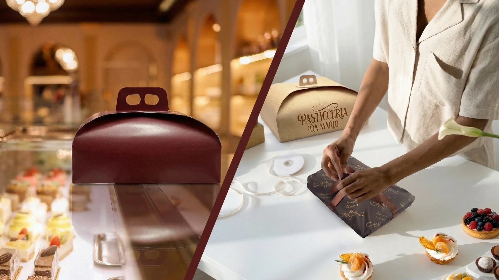 Confronto visivo tra packaging per pasticceria generico e packaging coordinato personalizzato