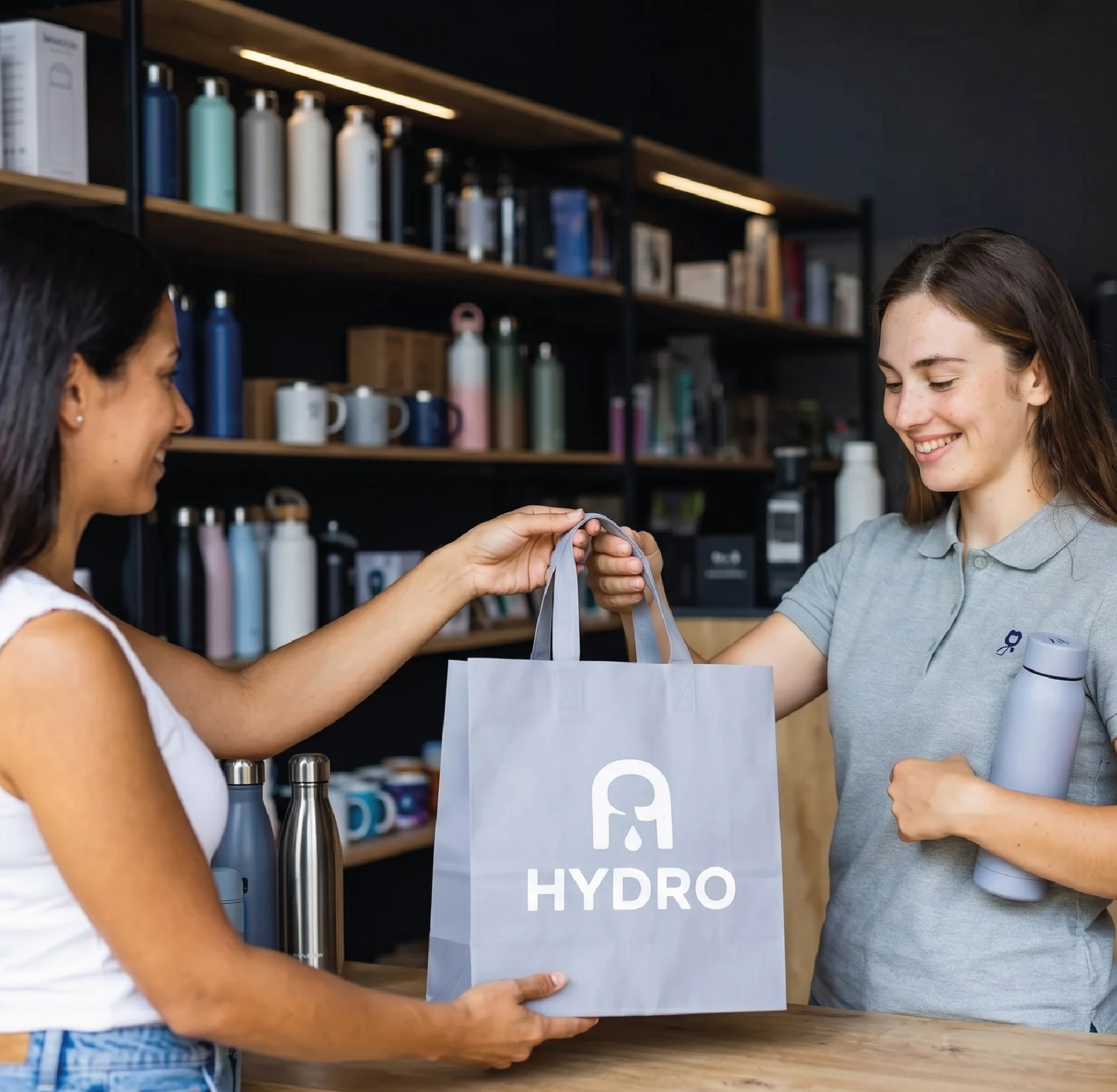 polo staff personalizzata, shopper con logo e borraccia in un contesto retail di consegna al cliente