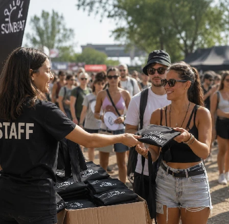 Consegna di gadget personalizzati al pubblico durante un festival, allo stand di distribuzione dello staff