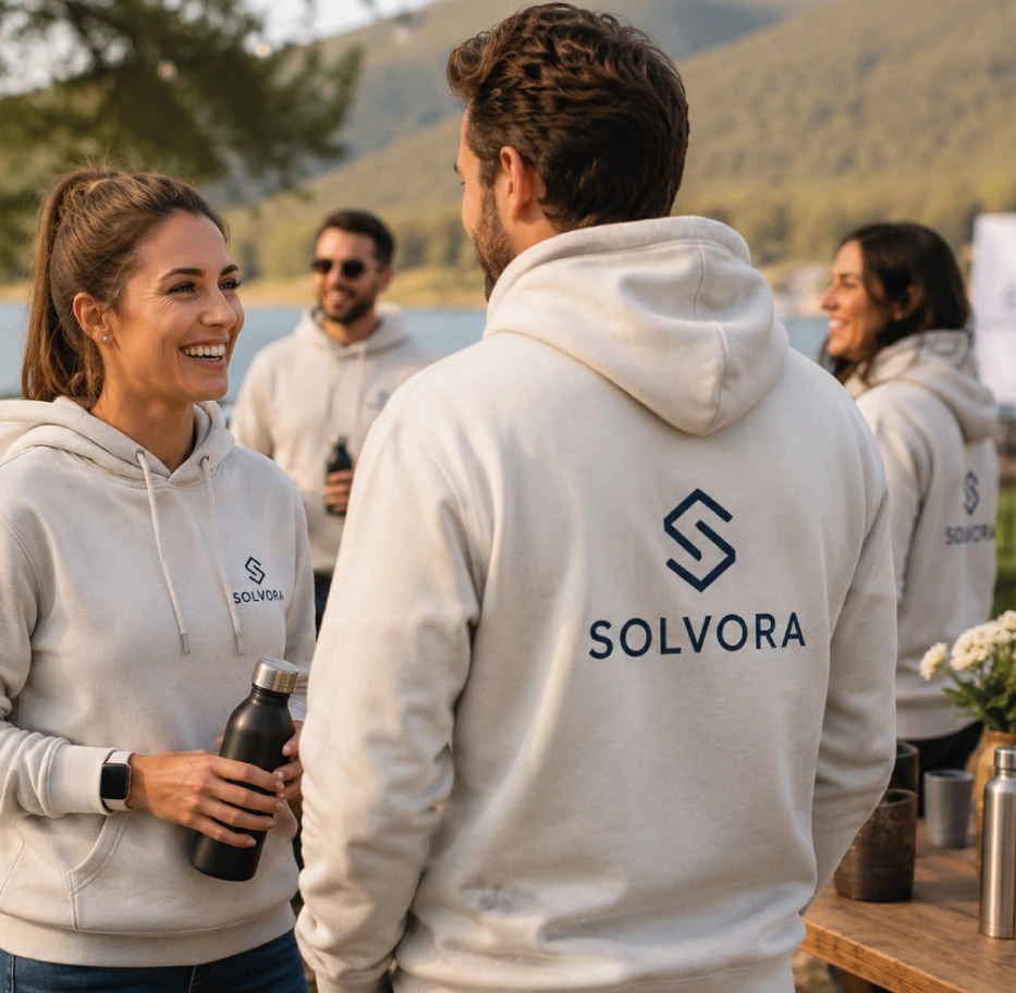 Sudadera con capucha personalizada con logotipo estampado para eventos de empresa y team building