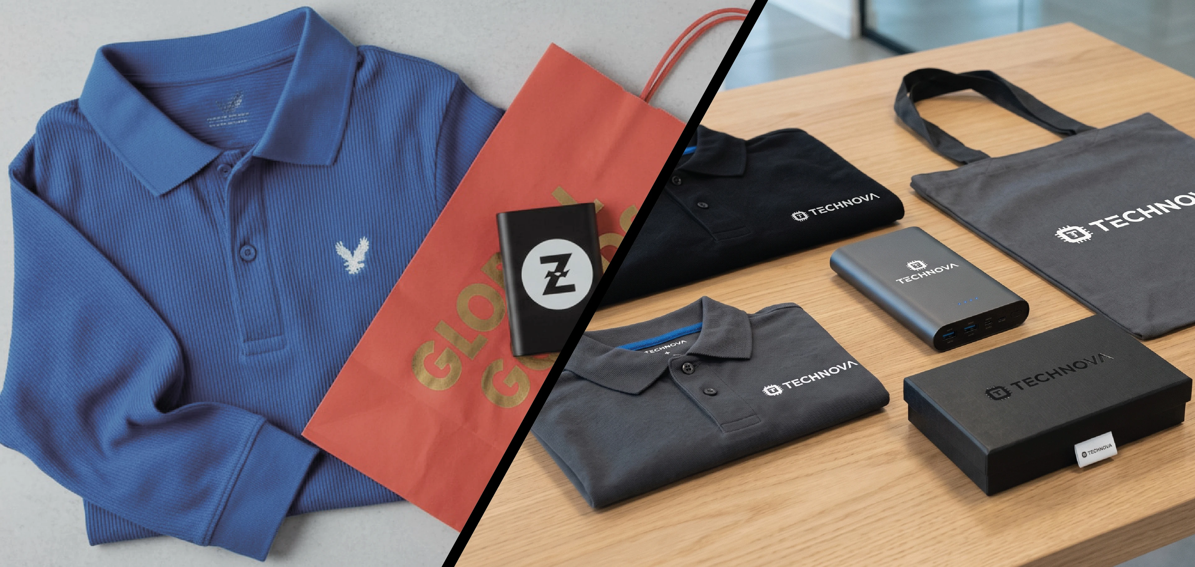 confronto tra fornitura frammentata, con loghi e palette scollegati, e fornitura coordinata con polo, shopper, power bank e scatola unificati da uno stesso brand