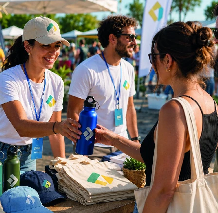 Objets publicitaires d’été pour événements d’entreprise en Europe avec gourdes, casquettes et tote bags présentés sur un stand