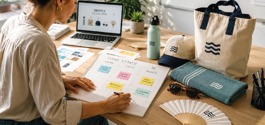 Planification d’objets publicitaires d’été pour entreprises en Europe avec gourdes, casquettes, sacs et serviettes de plage personnalisés
