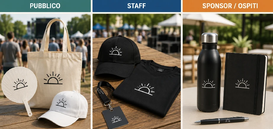 Gadget per pubblico, staff e sponsor a confronto: shopper e ventaglio, t-shirt e cappellino staff, borraccia e taccuino