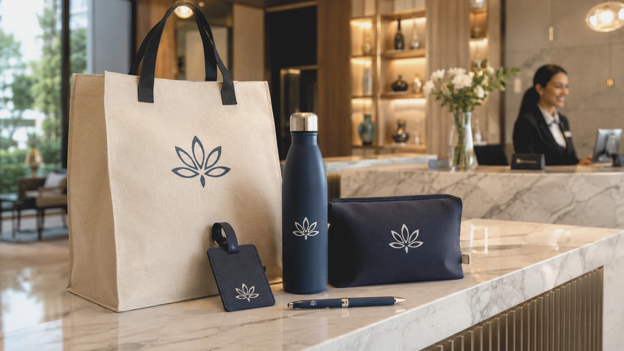 Kit de bienvenue personnalisé pour hôtels et chambres d’hôtes en Europe avec sac, gourde, stylo et accessoires de voyage coordonnés à la réception