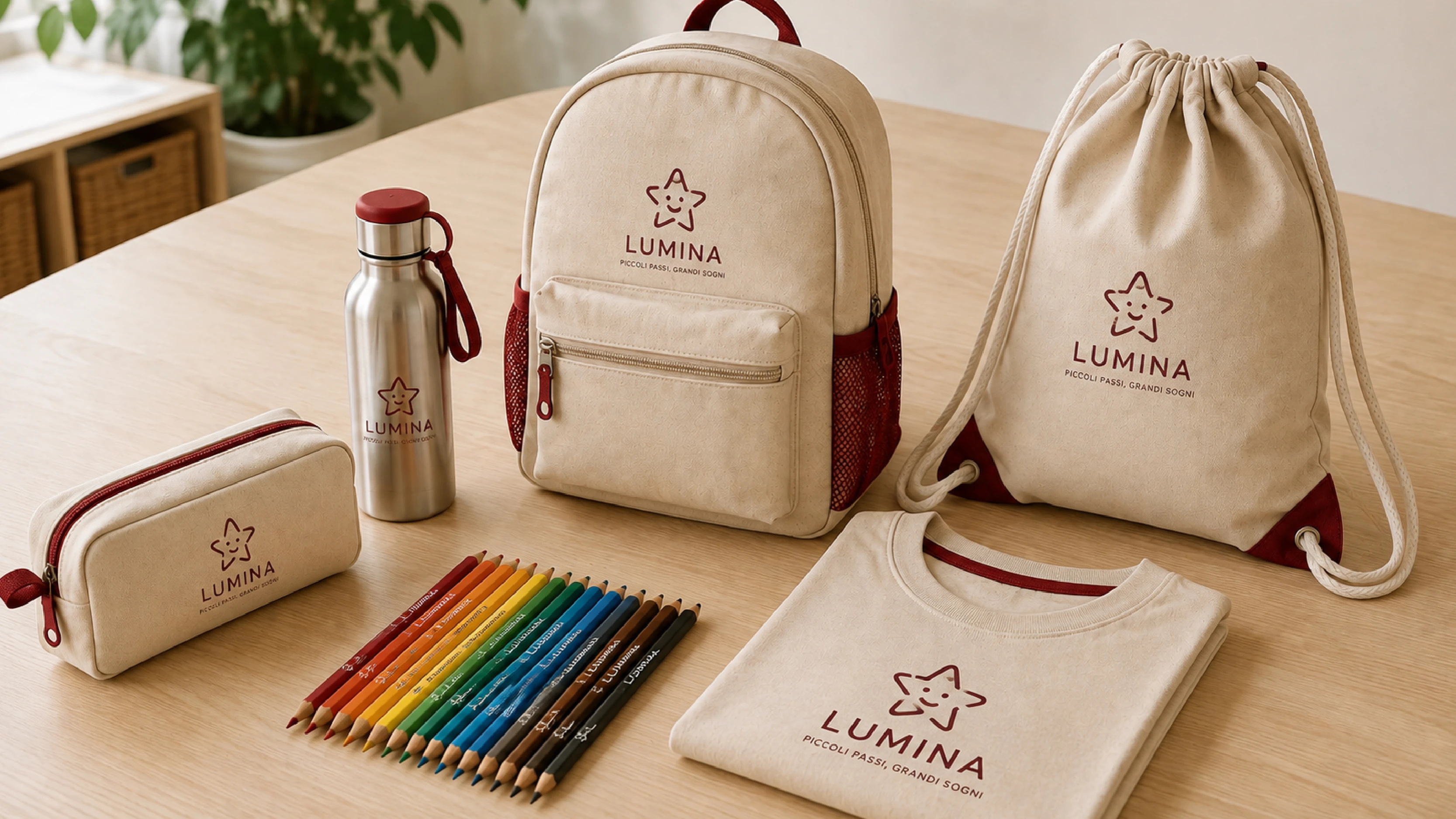 Gadget personalizzati per bambini e scuola con astuccio, zaino, sacca, borraccia, matite e t-shirt