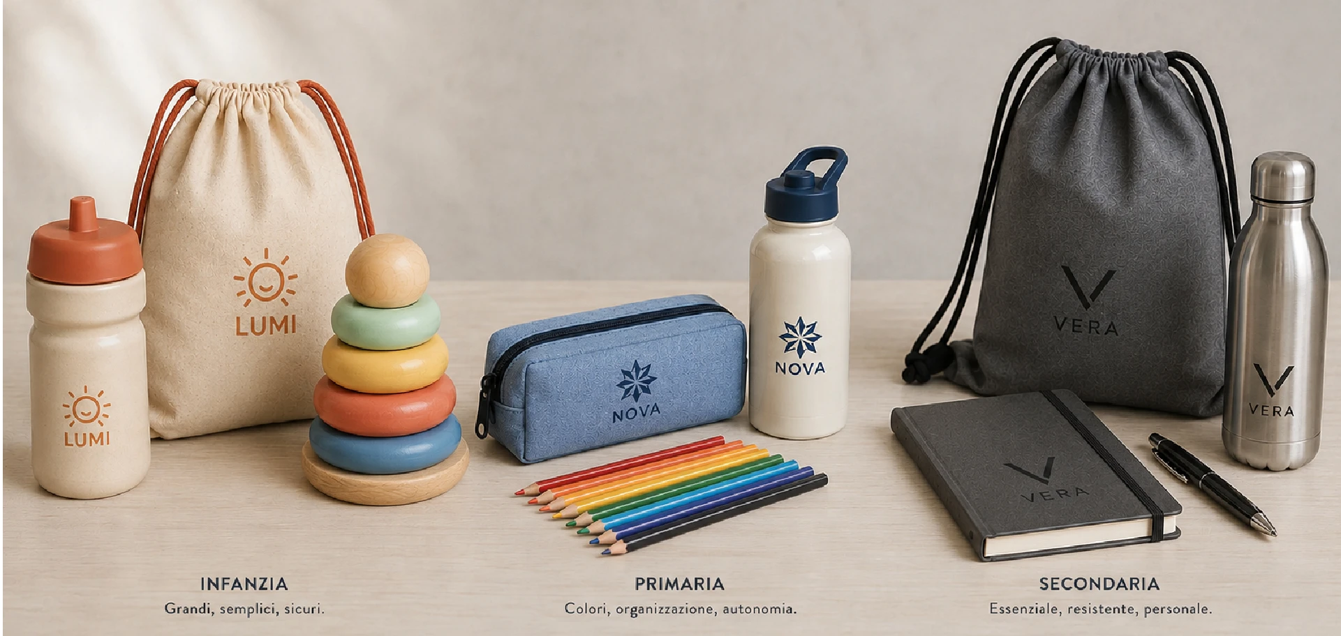 Gadget scolastici personalizzati per infanzia, scuola primaria e secondaria a confronto